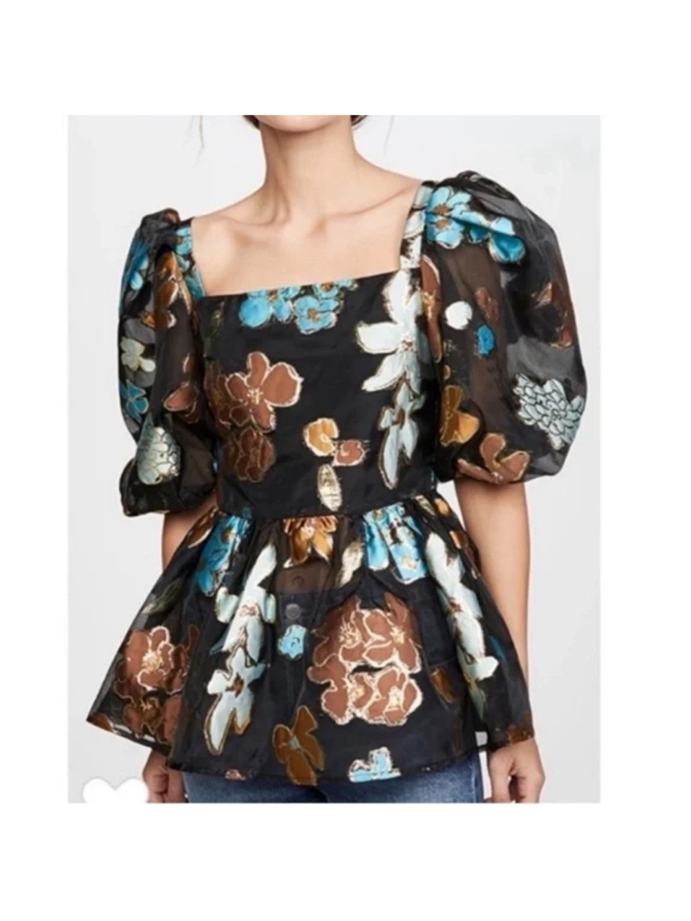 Stine Goya Irene organza Floral Puff-Sleeve Peplum Top NWOT